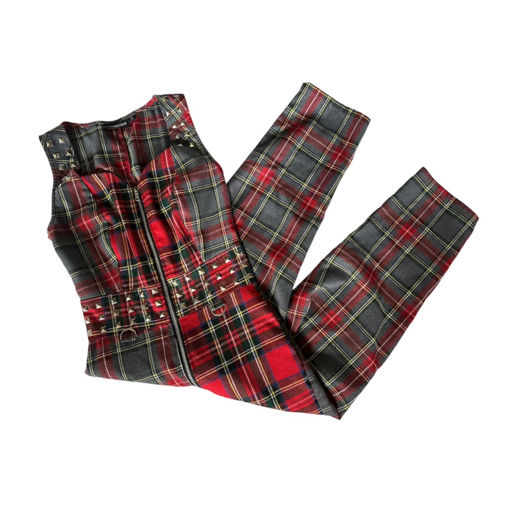 jawbreaker Plaid Red & Gray Studded Jumpsuit